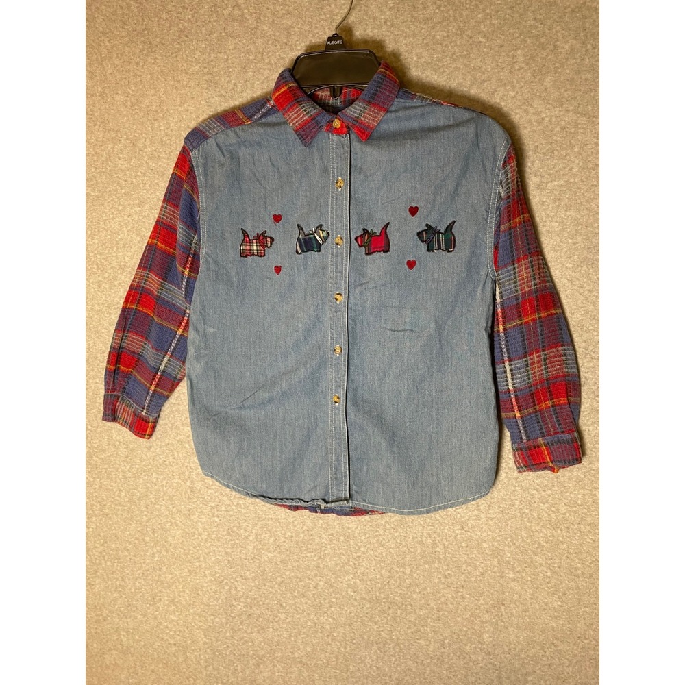 Kids Chambray Plaid Shirt Size 16 Scottish‎ Terrier Dog Embroidered Christmas